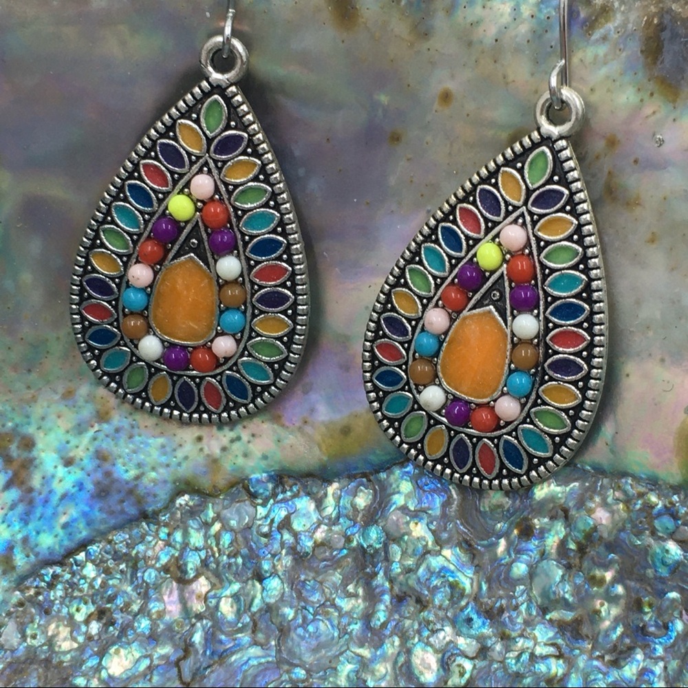 🔴 Multi Color & Silver Tear Drop Earrings